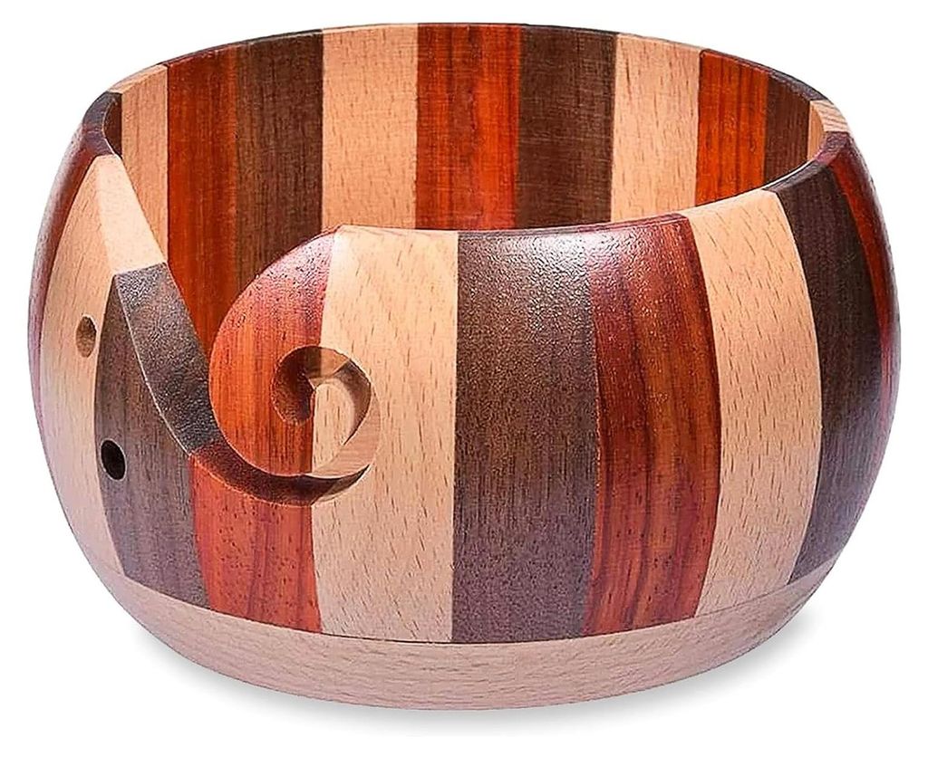 Handgefertigte Holzgarnschale 15cm Durchmesser - Holz Garn Schüssel Holzschale Garn Aufbewahrung mit Spirale Geschnitzten Löchern und Bohrlöcher...