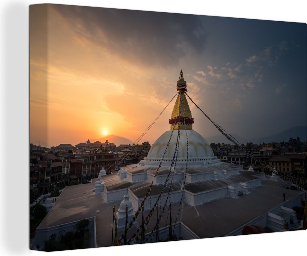 MuchoWow - Leinwandbilder - Sonnenuntergang hinter der Stupa Kathmandu, Wandbild, Wanddeko Bilder Wohnzimmer, 120x80 cm