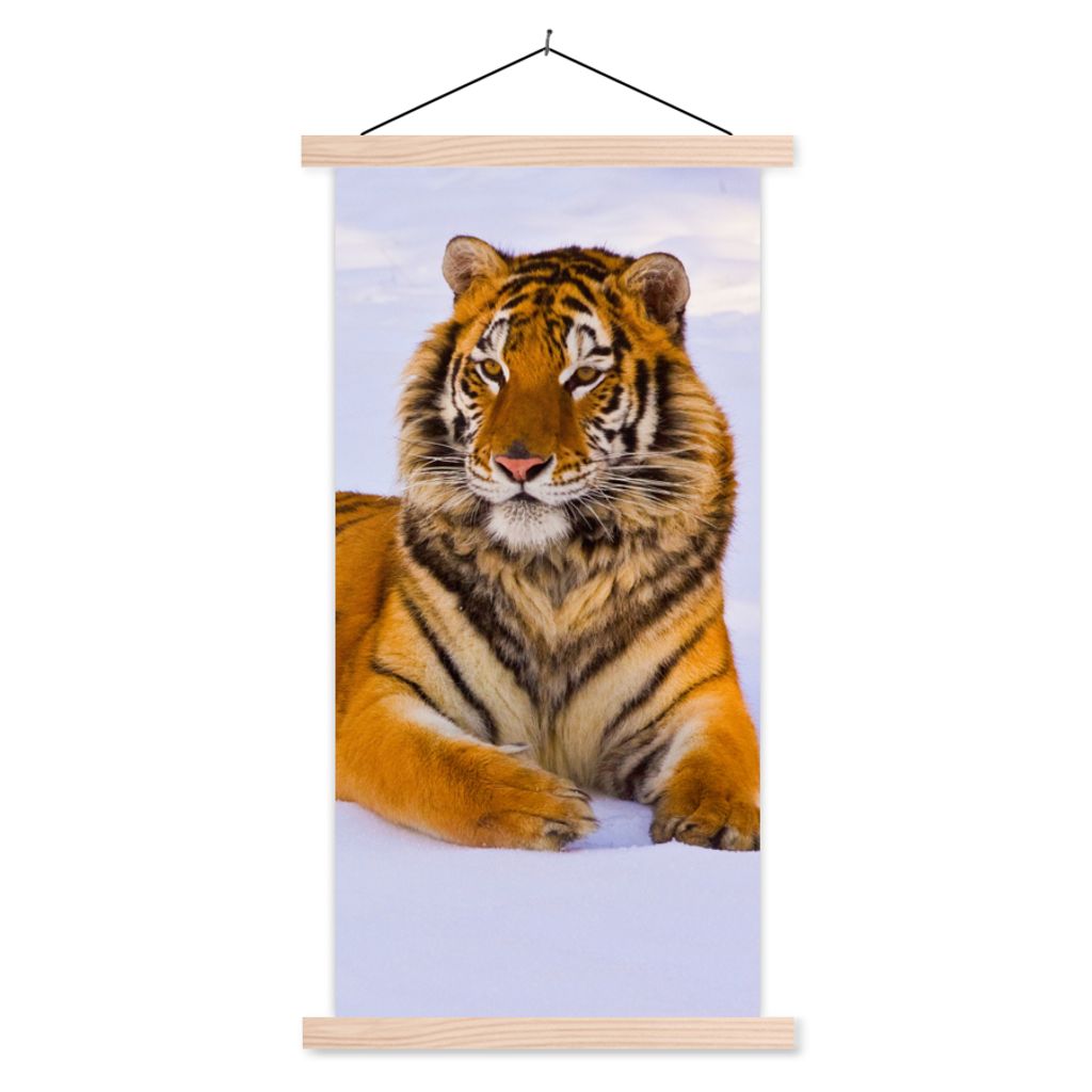 MuchoWow Textilposter Tiger - Schnee - Winter - Tiere 60x120 cm mit holzfarbenen Rahmen - Holz