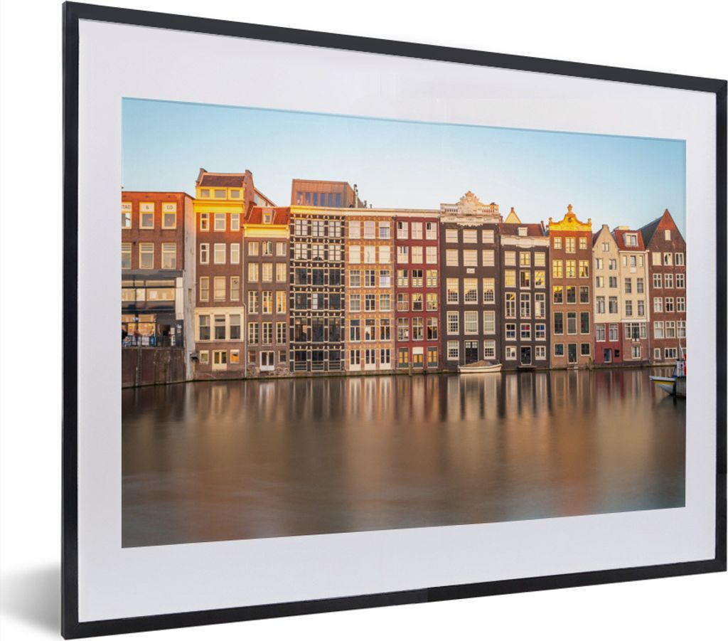MuchoWow MuchoWow Gerahmtes Poster Grachtenhäuser in Amsterdam unter blauem Himmel 40x30 cm - Poster mit zchwarzem Bilderrahmen - Bilderrahmen...