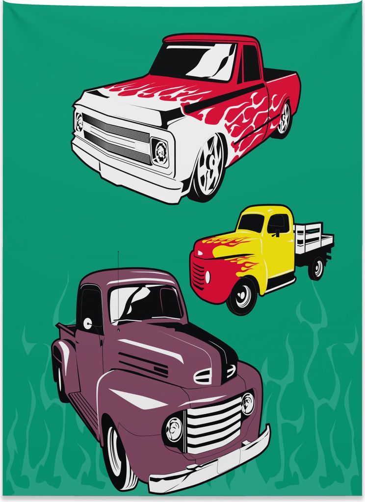 Abakuhaus LKW Wandteppich, Vintage Pickups Flachbett aus Weiches Mikrofaser Stoff Kein Verblassen Klare Farben Waschbar, 110 x 150 cm, Mehrfarbig