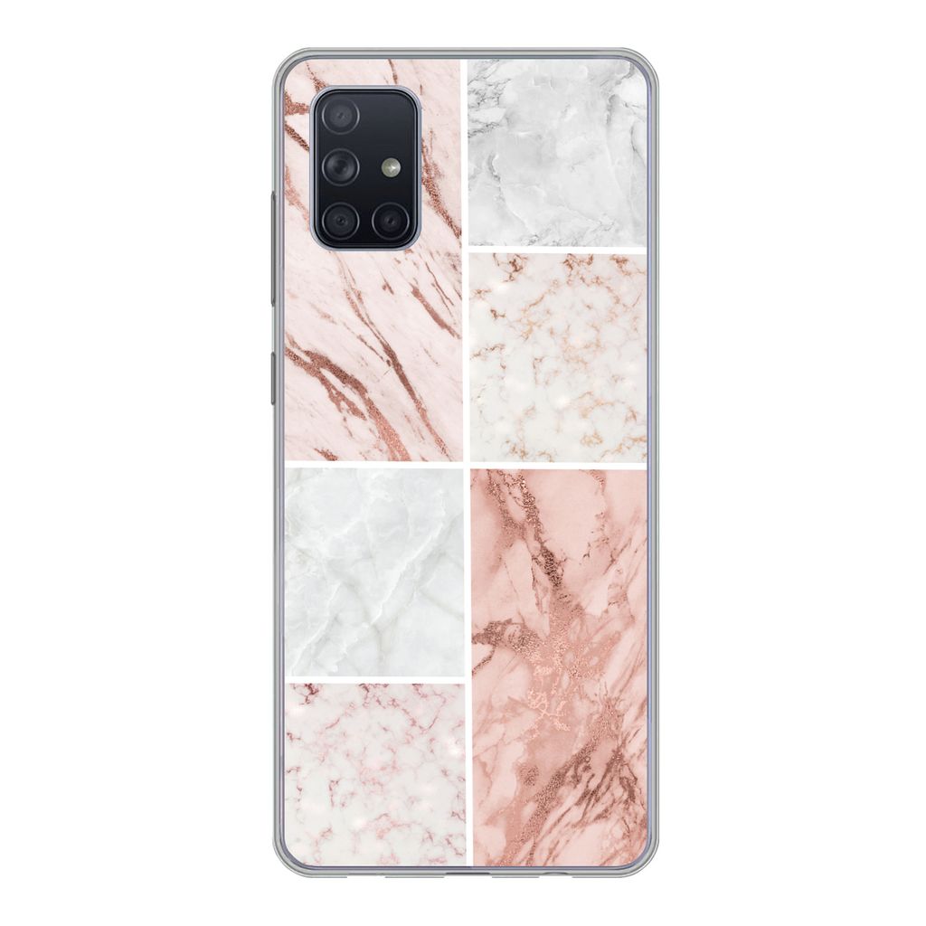 MuchoWow Handyhülle Schutzhülle Hülle für Samsung Galaxy A71 Marmor - Weiß - Rosa Silikon Softcase Handy Hülle - Kartenbesitzer