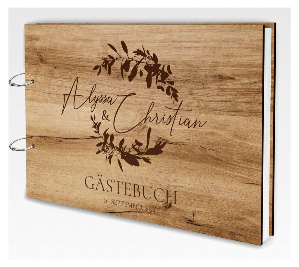 Gästebuch aus Echtholz für Hochzeiten mit individueller Lasergravur | 50 Blätter (100 Seiten) | DIN A4