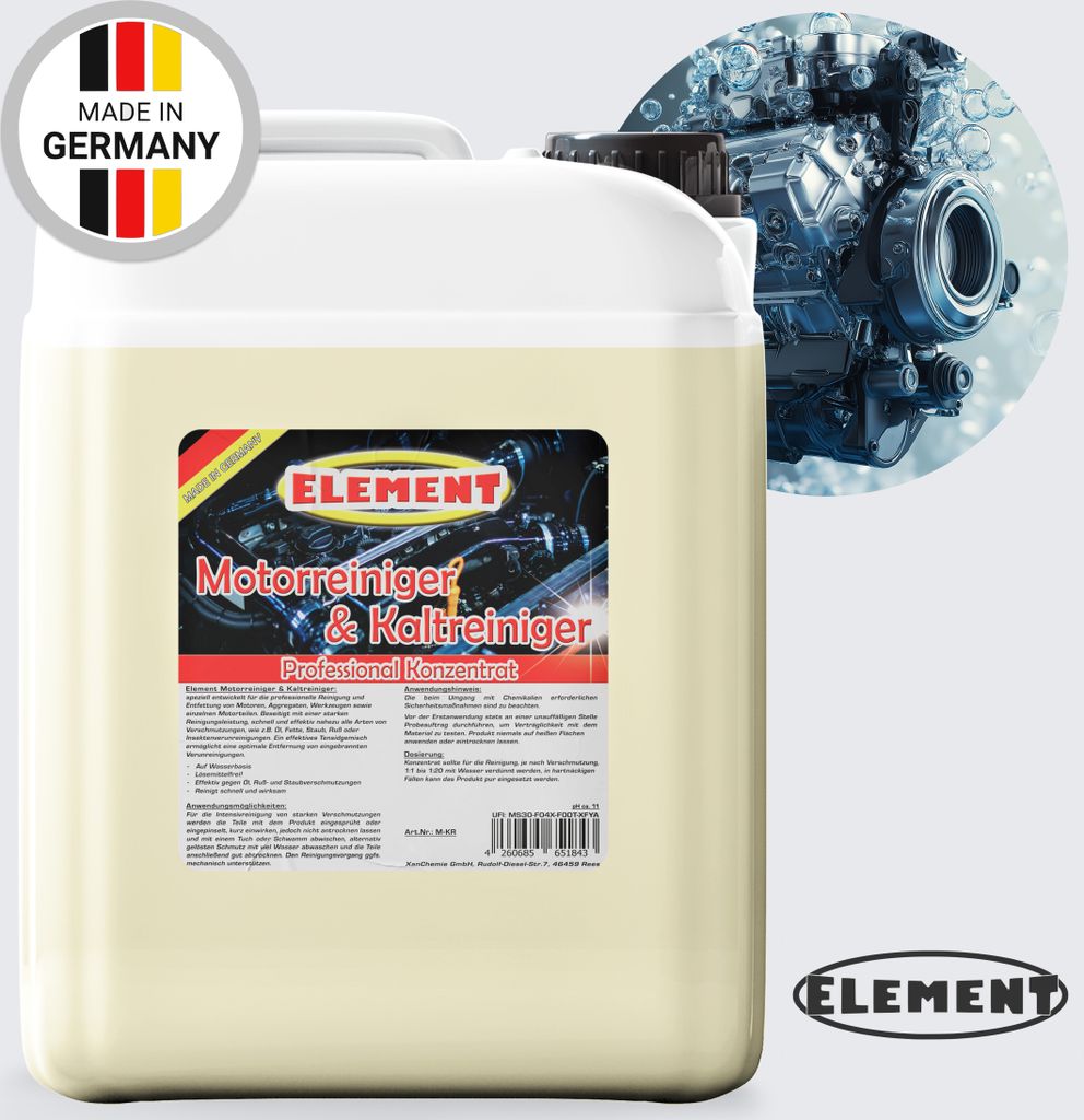 Element Motorkaltreiniger | 5 Liter | Kaltreiniger Motorreiniger | sparsames Konzentrat | hohe Schmutzlösekraft | Werkstattreiniger | Teilereiniger