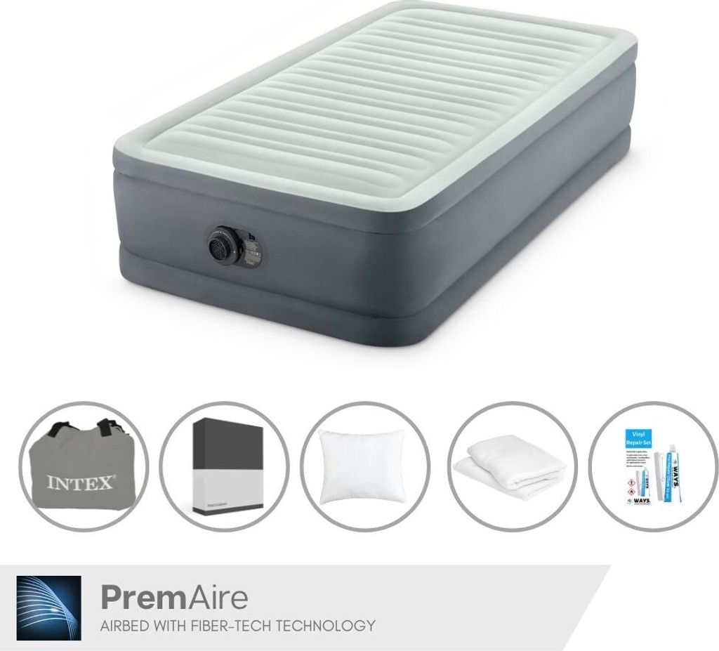 Intex Luftbett - 1 Person - 99 x 191 x 46 cm - Grau - Mit elektrischer Pumpe + Spannbettlaken Schwarz + Kopfkissen + Molton 2 in 1 Kissenbezüge + ...