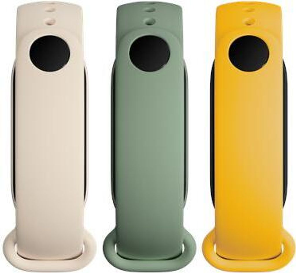 Three smart band straps in different colors are displayed side-by-side against a white background.