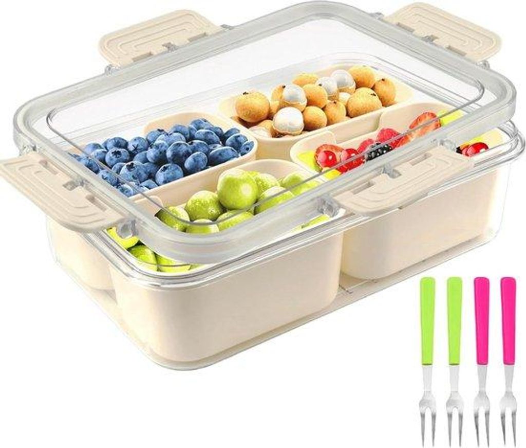 Snackbox mit Deckel - Snackbehälter mit vier Gabeln - Snackbord mit Fächern - Obstbox - Snackbox für Kinder - Snackbord für Süßigkeiten Obst ...