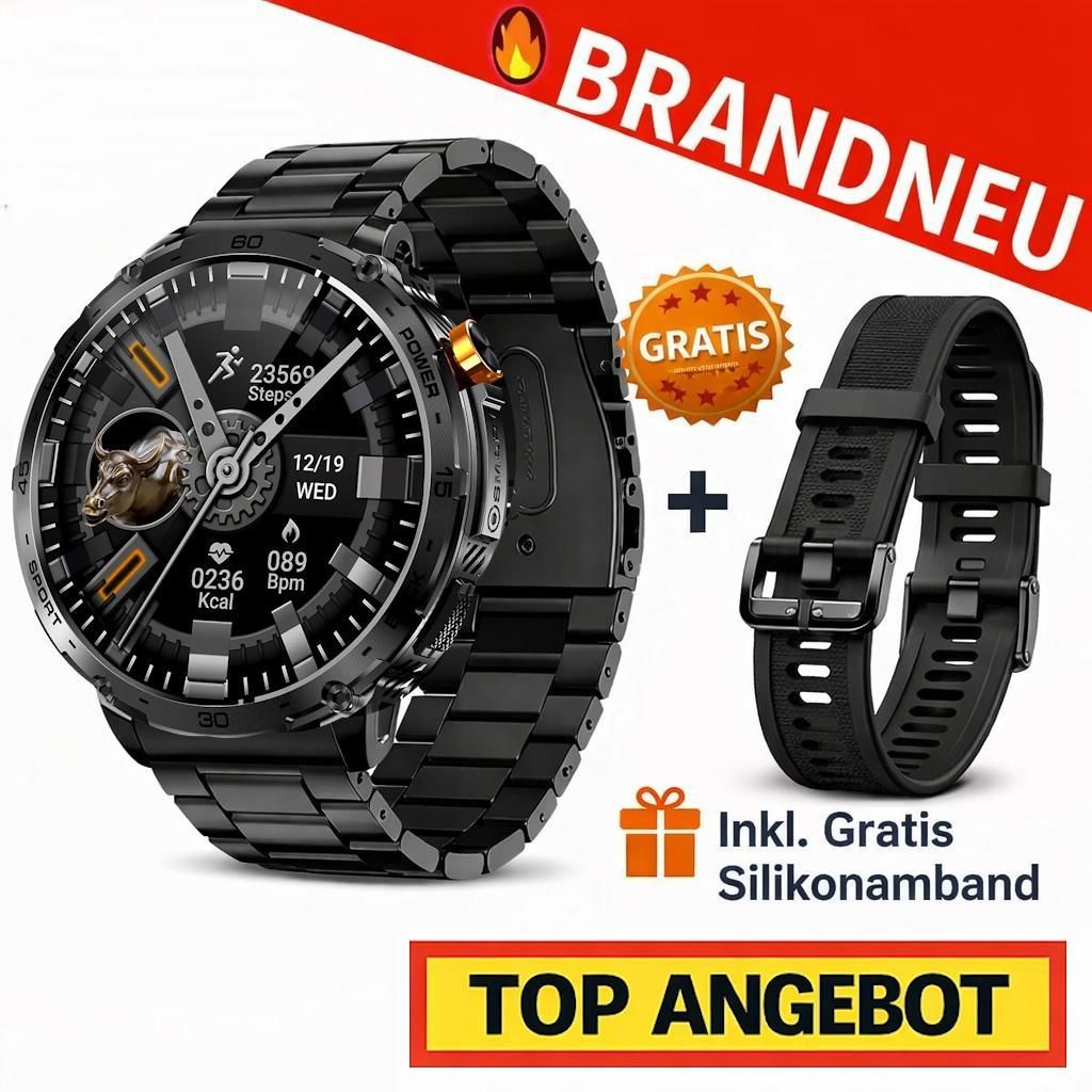 ZEUS 2.0 Smartwatch Herren Damen Fitness Tracker Puls SpO2 GPS Bluetooth IP68: Schwarz (inkl. Silikon-Armband in Schwarz)
