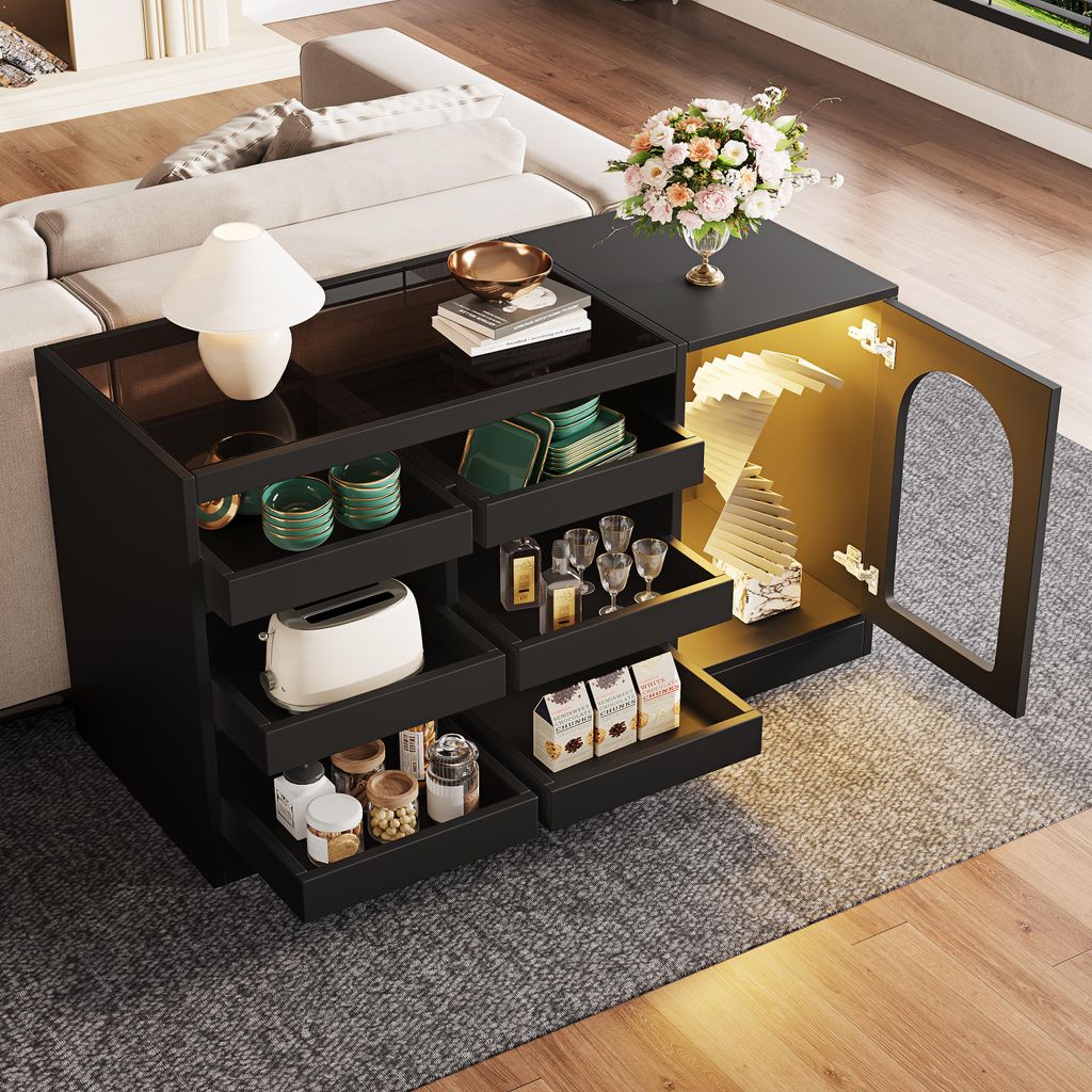Moderne schwarze Kommode mit LED-Beleuchtung, 6 Schubladen und Lamellentür, schlichtes und elegantes Design für Esszimmer, Wohnzimmer oder Schlaf...