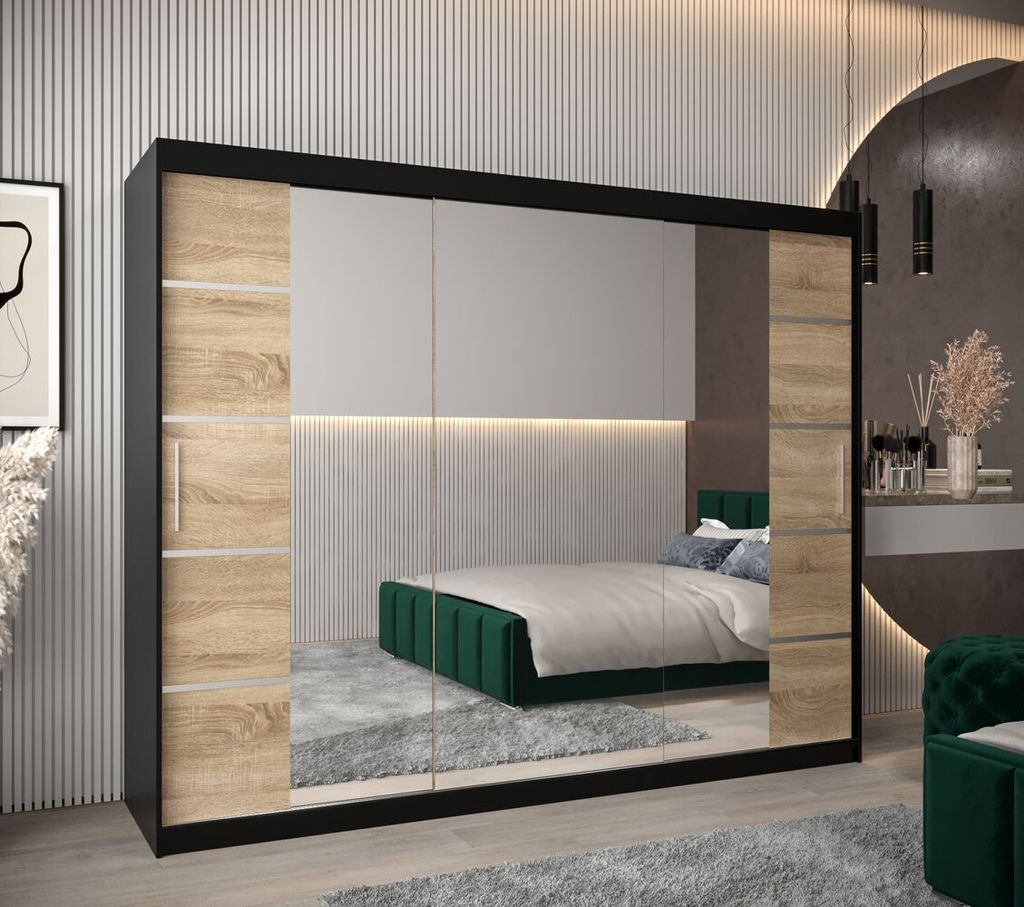Schrank mit Spiegeln VIVIEN – Breite 250 cm, Schwarz / Eiche Sonoma