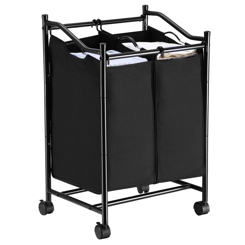 SONGMICS Wäschekörbe mit 2 Taschen 90 L schwarz faltbar 2 ×45 L Eisengestell Polyester Wäschebox Wäschesortierer Wäschewagen Wäschesammler L...