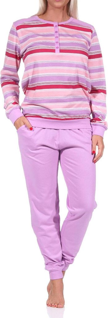 Damen Schlafanzug Pyjama mit Bündchen, geringeltes Oberteil - auch in Übergrössen - 62897 ; lila , 36