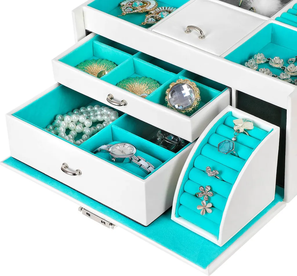 Coffret à bijoux blanc-turquoise multi-rangements avec doublure douce - 6