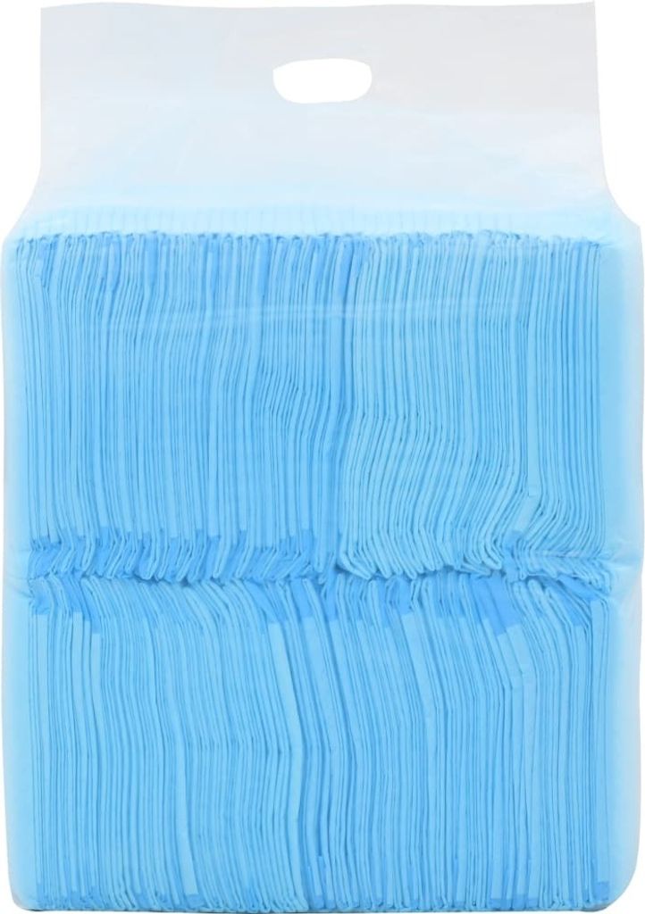 A stack of blue dog toilet mats in a clear plastic package.