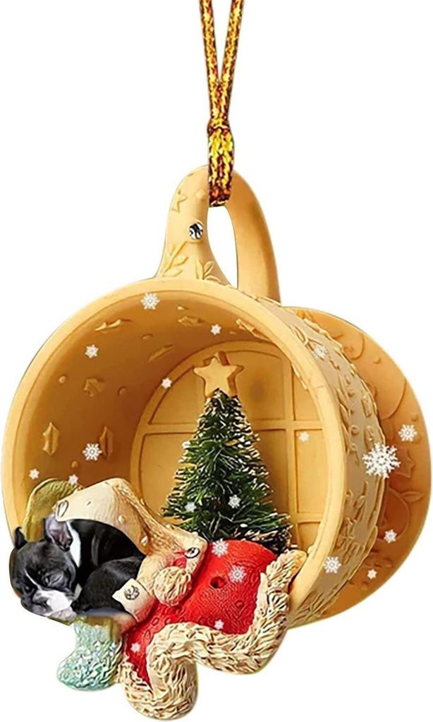 Weihnachtsschmuck „Tiere schlafen in einer kleinen Tasse“ aus Acryl, 2D-Hund/Frettchen/Schaf, zum Aufhängen am Weihnachtsbaum für die Festtag...