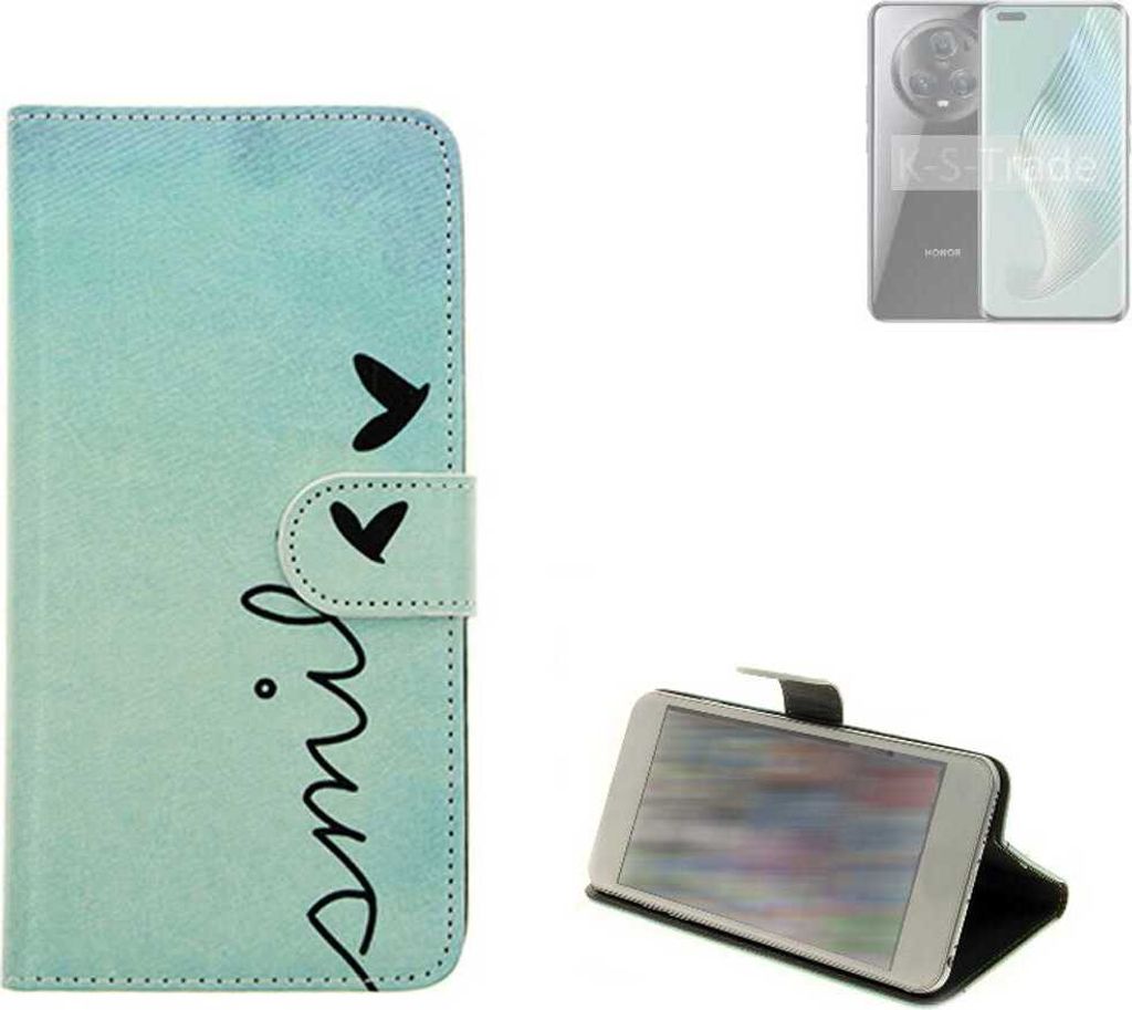 K-S-Trade Schutz Hülle Handy Hülle kompatibel mit Honor Magic5 Pro Hülle Handyhülle cover bookstyle Etui Handyhülle “smile“ türkis