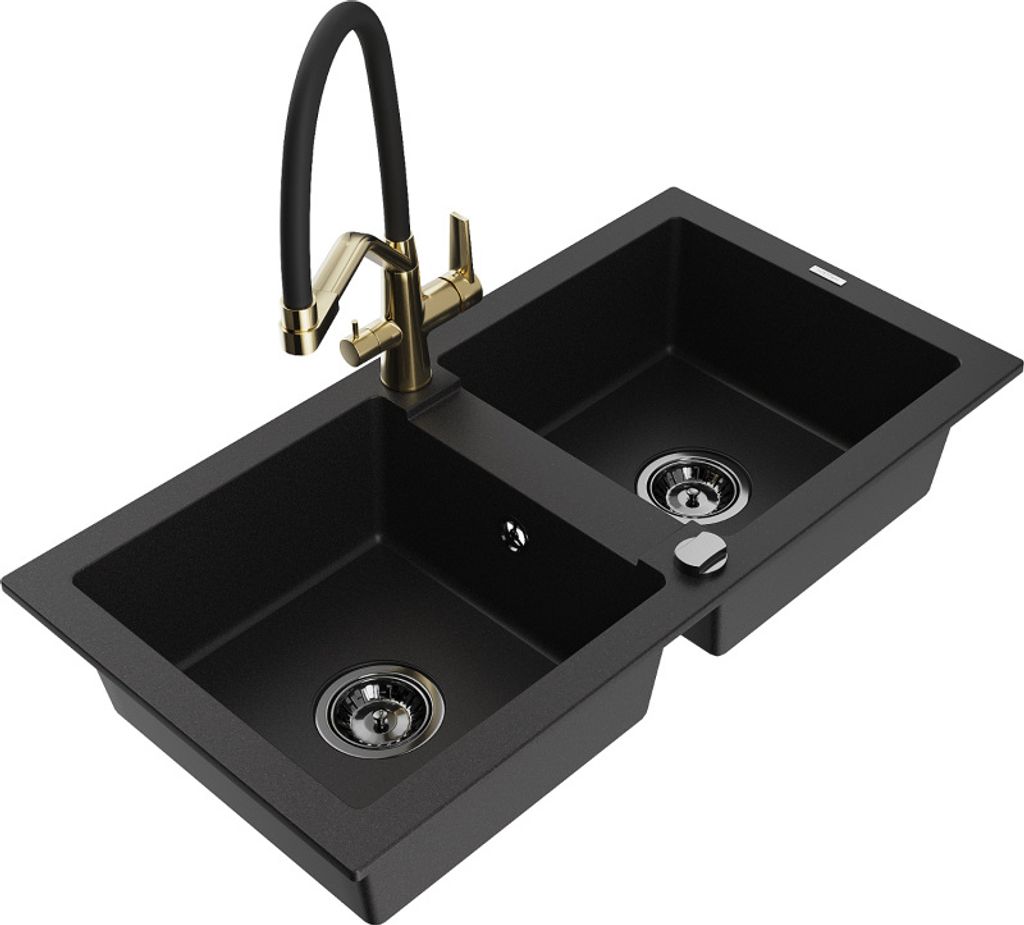 Mexen Mario 2-Becken-Granitspüle mit Mischbatterie Duo, Schwarz - 6504-77-671701-57-B