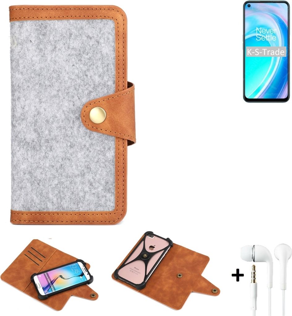 K-S-Trade Handyhülle + Kopfhörer kompatibel mit OnePlus Nord CE 2 Lite 5G Schutzhülle Filz Hülle Kunstleder hellgrau braun (1x)