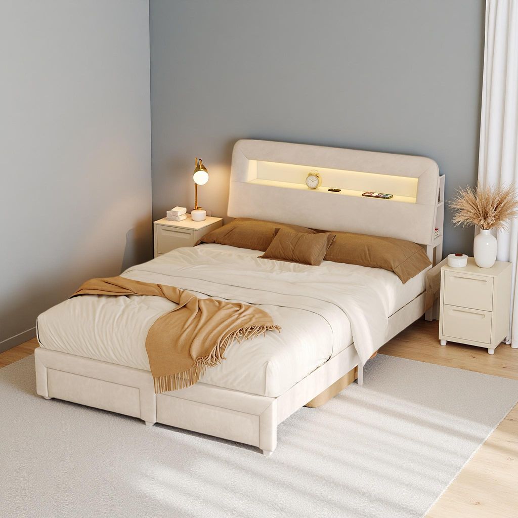 ProximaX Polsterbett 140x200 cm mit LED-Beleuchtung & 2 Schubladen – Samtstoff Kopfteil mit Regal & USB-Ladung, Stauraumbett für Schlafzimmer, B...