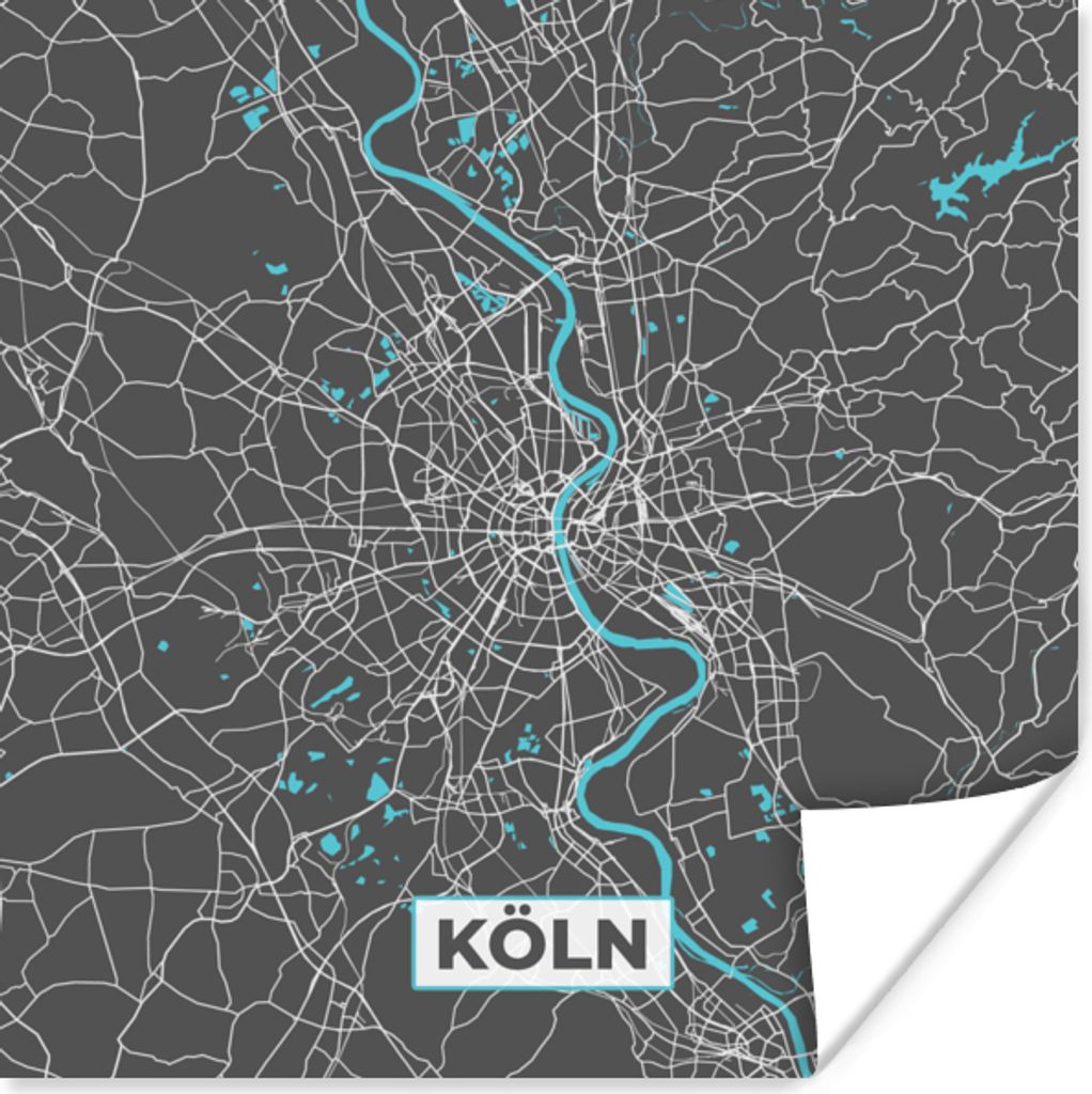 MuchoWow Poster Köln - Stadtplan - Blau - Karte - Deutschland 30x30 cm - Wandposter - Printing