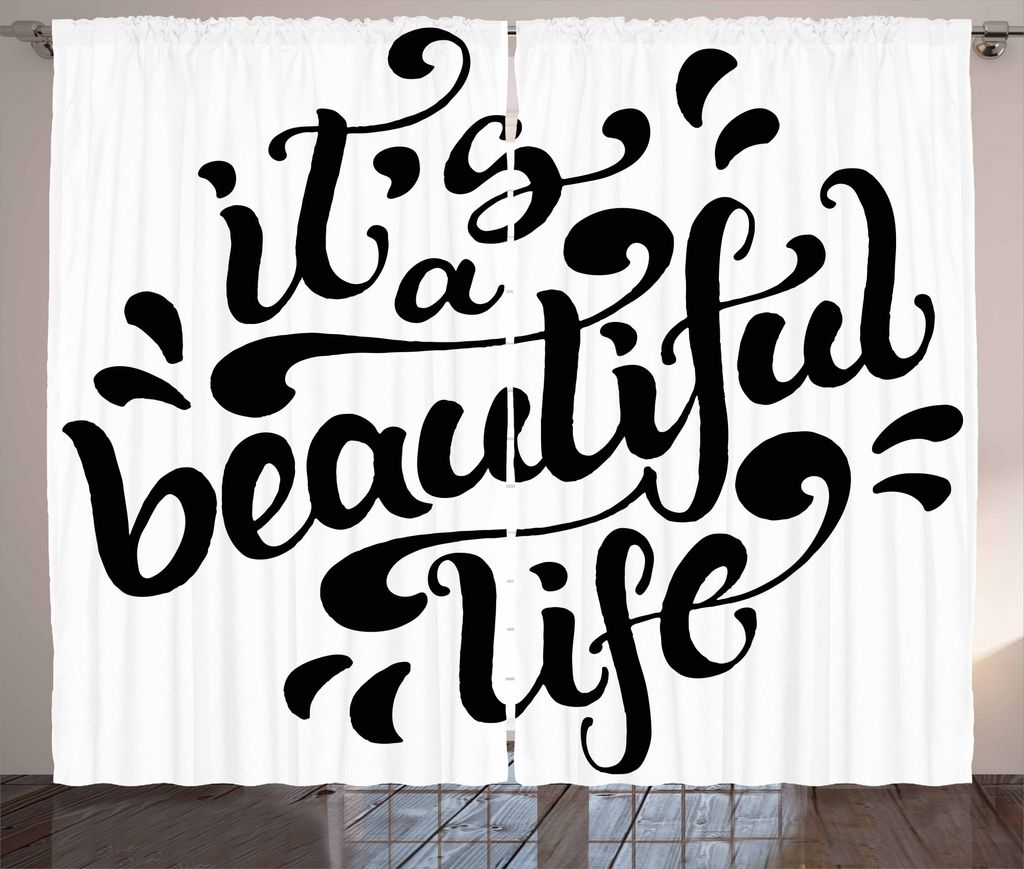 ABAKUHAUS inspirativ Rustikaler Vorhang, Positives Leben, Wohnzimmer Universalband Gardinen mit Schlaufen und Haken, 280 x 225 cm, Weiß und Schwarz