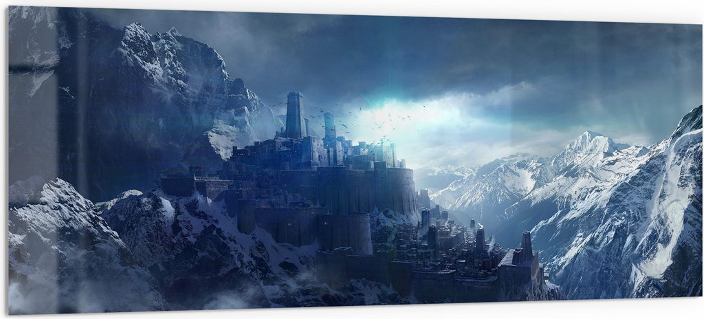 DEQORI Küchenrückwand Glas 125x50 cm 'Gipfel der Zukunft' Spritzschutz Bad Rückwand Küche