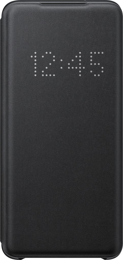 A black Samsung S20 flip case with a digital clock display.