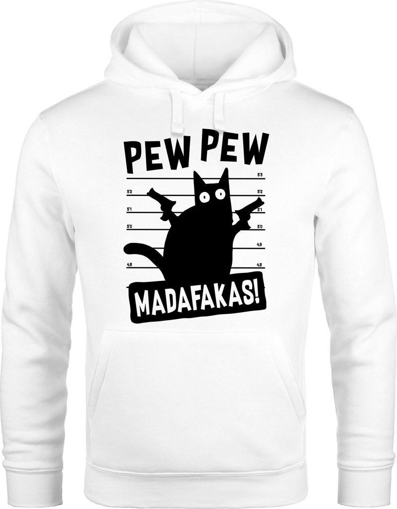 Hoodie Herren Pew Pew Madafaka Katze Cat Most Wanted Meme Spruch Trend Kapuzen-Pullover Moonworks weiß 3XL
