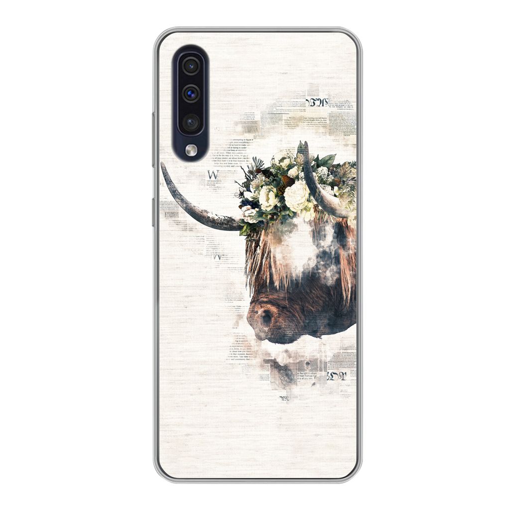 MuchoWow Handyhülle Schutzhülle Hülle für Samsung Galaxy A30s Schottischer Highlander - Rauch - Blumen Silikon Softcase Handy Hülle - Karten...