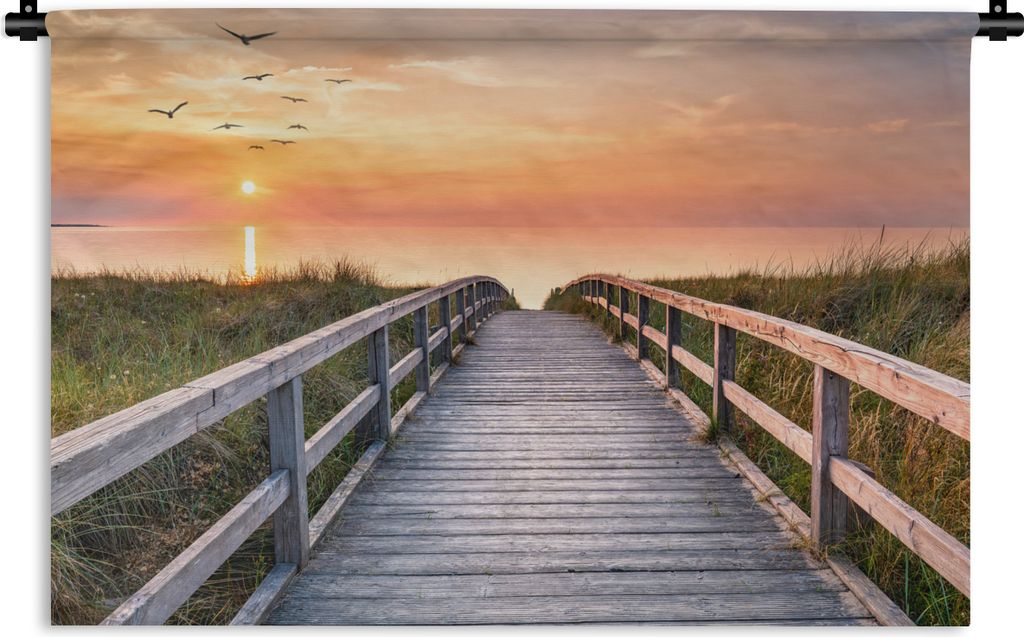 MuchoWow Wandteppich Wandbehang Sonnenuntergang - Meer - Weg - Gras - Düne - Vögel 150x100 cm Tapisserie Dekoration Wandtuch - Waschbar - Tapis...
