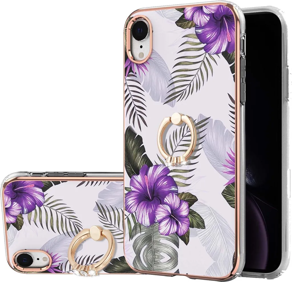 Custodia per iPhone XR, custodia protettiva in silicone TPU a fantasia con supporto ad anello Viola