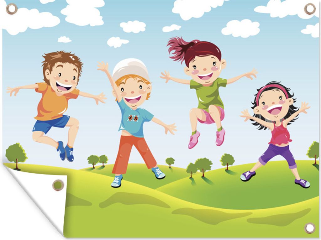 MuchoWow 80x60 cm Outdoor-Poster Gartendeko Sichtschutz Garten Poster für den Garten Illustration von Kindern aus einer springenden Familie