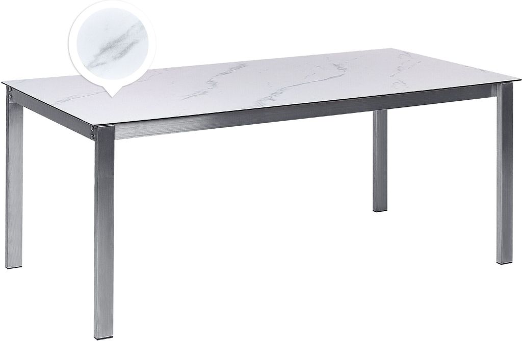 BELIANI Gartentisch Weiß Sicherheitsglas mit Keramik Marmor-Optik Rechteckig 180x90 cm Edelstahlgestell Modern Garten Terrasse Ausstattung Gartenm...