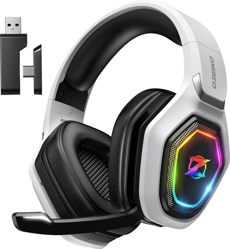 A white and black gaming headset with a USB dongle is displayed against a white background. The headset features colorful RGB lighting on the earcups.