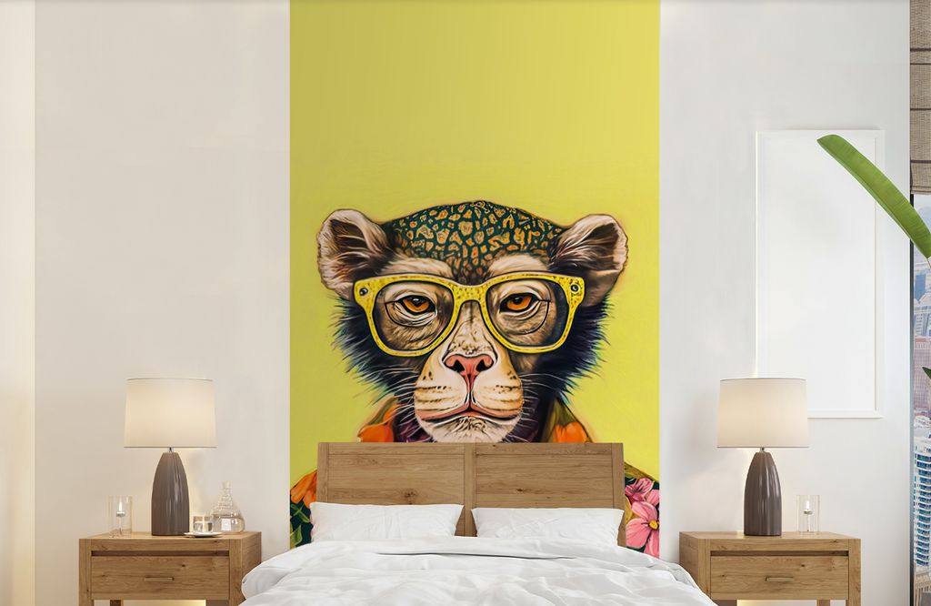 MuchoWow Fototapete für Wohnzimmer oder Schlafzimmer Wandtapete Vinyl Motivtapete Affe - Tiere - Brillen - Design - Blumen - 120x240 cm - Hinter...