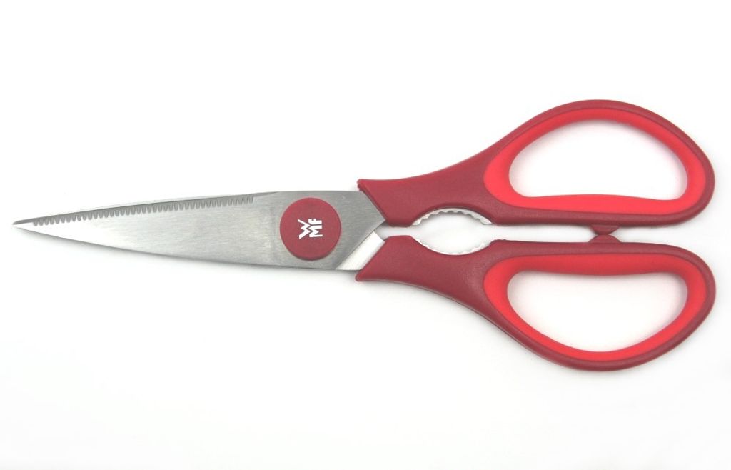 A pair of red-handled kitchen scissors on a white background.