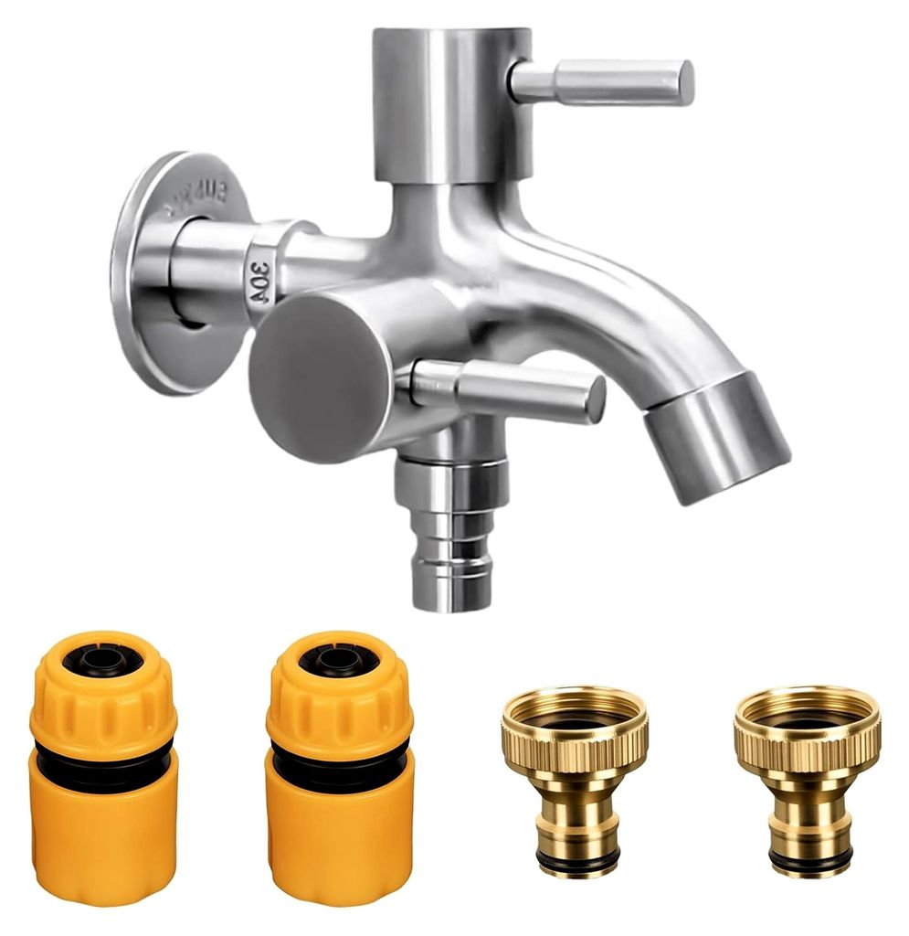 Garten Wasserhahn Universal Doppel Auslaufhahn 1/2 Zoll aus Messing, rost- und frostbeständig, mit 2 Schlauchanschlüssen und 1 Rollendichtband, f...