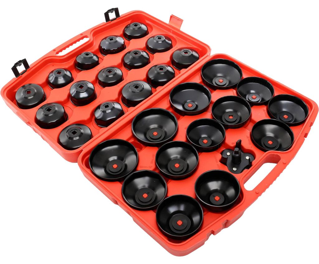 KRAFT&DELE | Ölfilter Schlüssel Set aus Stahlblech, 28 Ölfilterkappen, 65-120mm, für alle Ölfiltertypen Profi Ölwechsel-Werkzeug