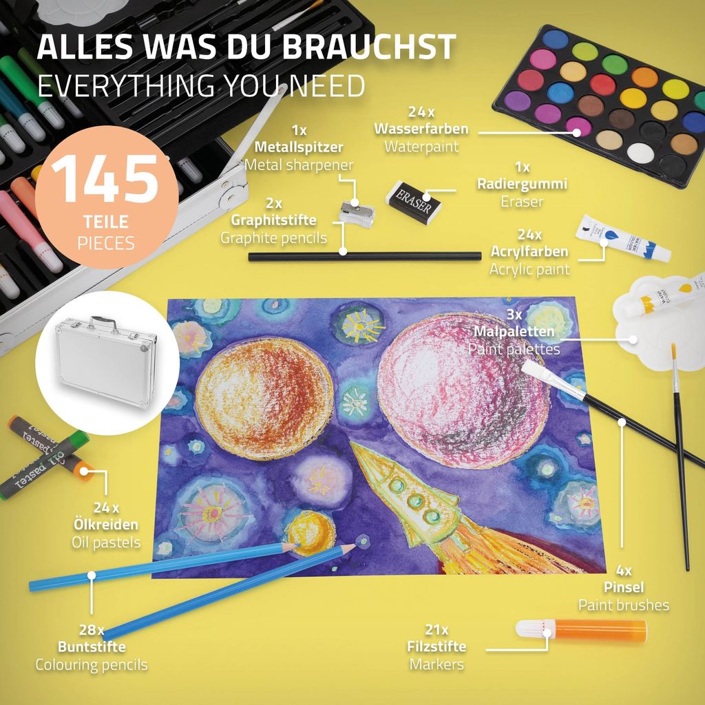 ECD Germany Malset mit Alu-Koffer, 145-Teilig, 34x24,5x9 Produktbild 3