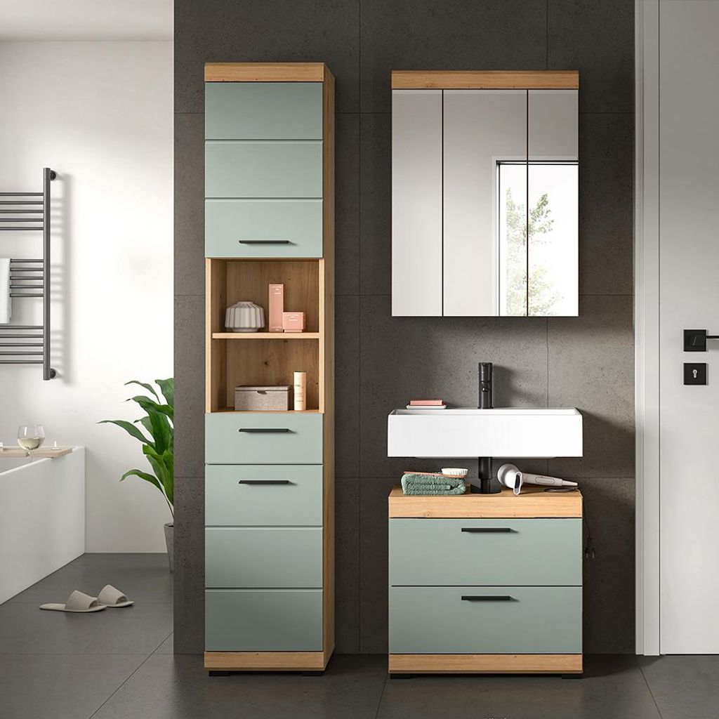 Badezimmer-Set 3-teilig in Artisan Eiche mit Salbei, mit Spiegelschrank - SIROCO-158