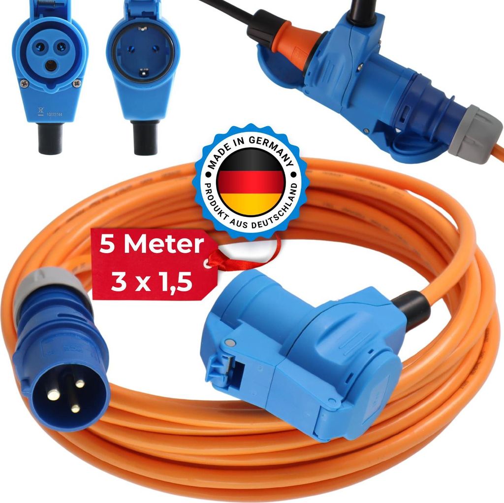 CEE-Adapterleitung Camping mit CEE-Stecker und Winkelkupplung + Schutzkontakt IP44 H07BQ-F 3G1,5 und 3G2,5 16A/230V, Querschnitt:3G1.5mm², Länge:45m