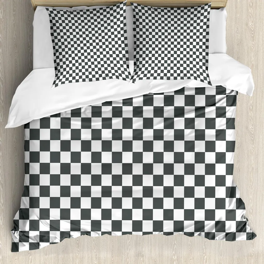 Housse de couette 155x220 cm damier anti-plis et taie 80x80 gris blanc