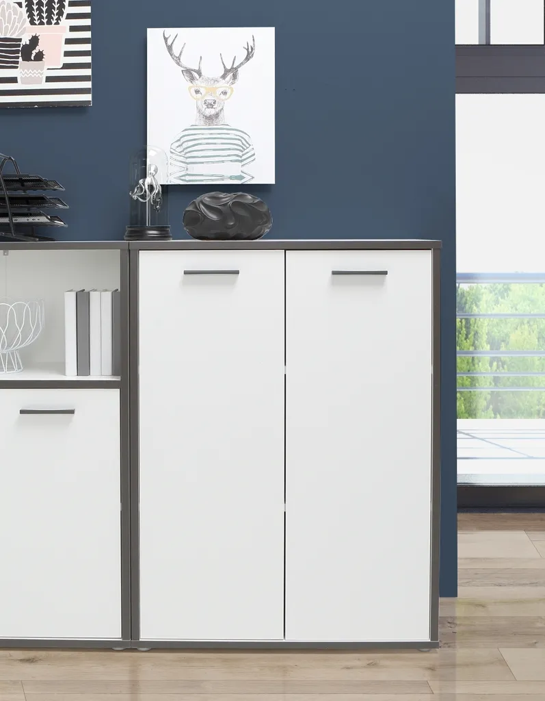 Commode design scandinave blanche et grise avec grands tiroirs