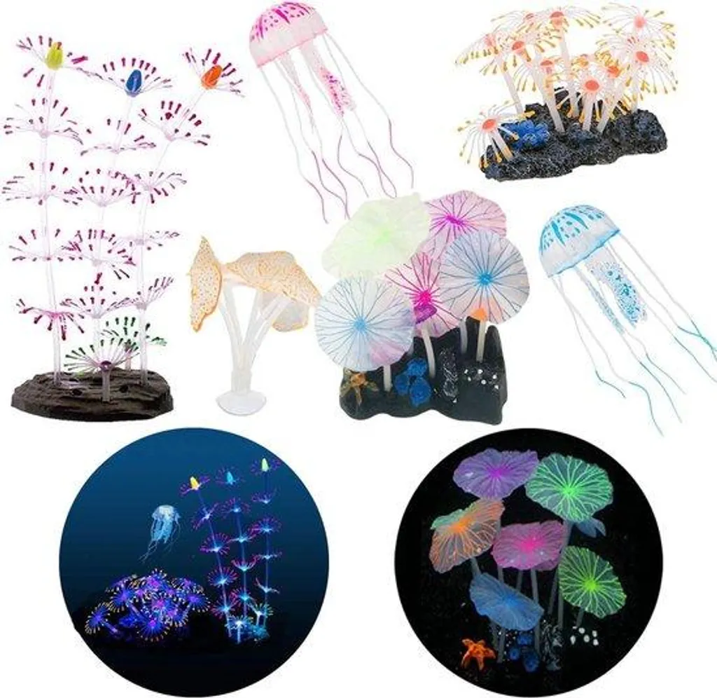 Décoration Aquarium Lumineuse 6 Pièces avec Méduses et Plantes en Silicone