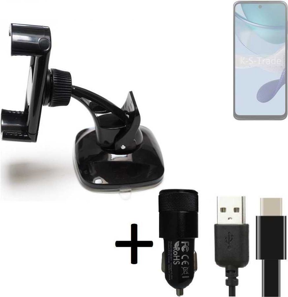 K-S-Trade Handy-Halterung kompatibel mit Motorola Moto G53j 5G Windschutzscheibe / Armaturenbrett + LADEGERÄT mit Mico USB Kabel Autohalterung