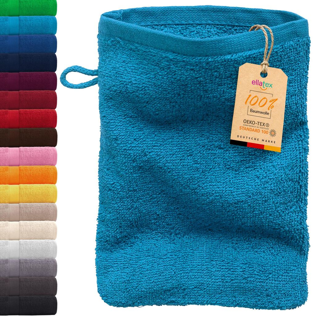 EllaTex PARIS Waschhandschuh 15x21 cm – 100% Baumwolle, 500 g/m² Frottier, weich & saugstark, in Farbe: Aquamarin