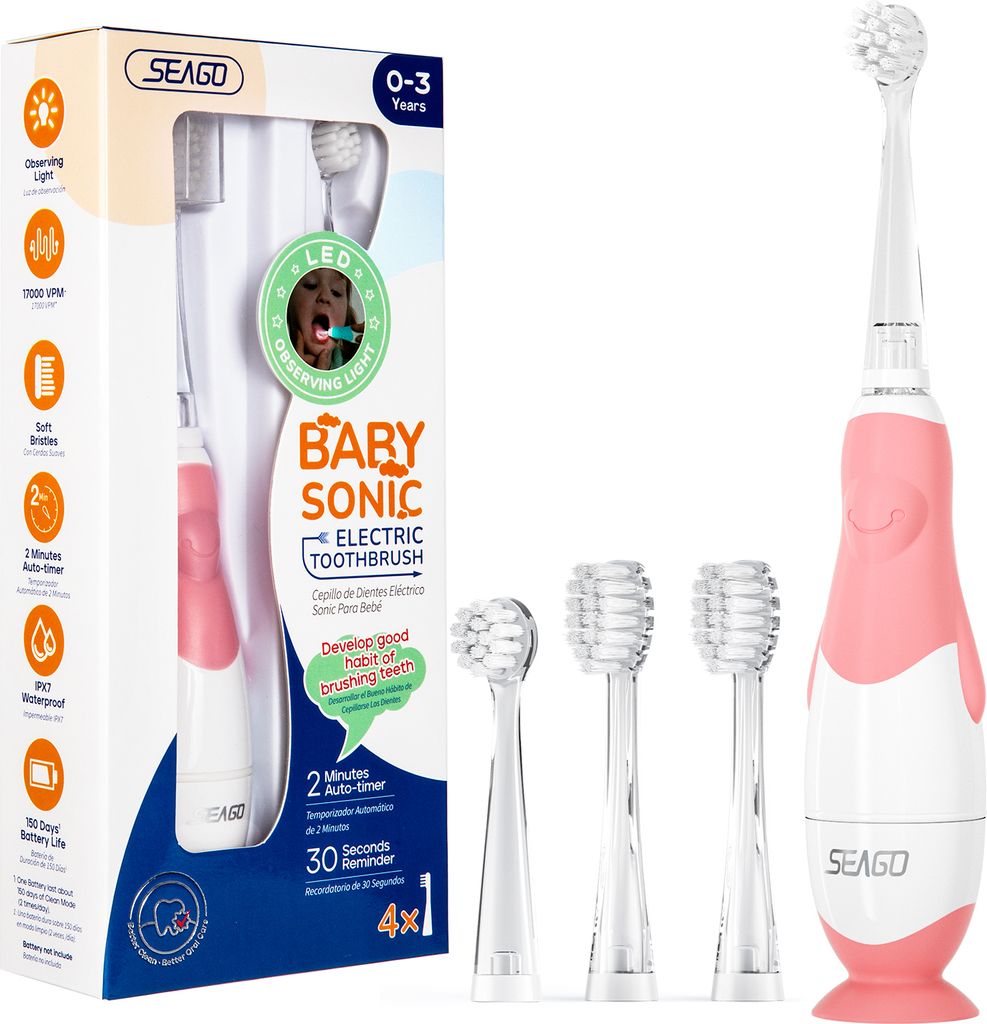 Youha - Elektrische Zahnbürste für Baby & Kind - IPX7 wasserdicht - Inklusive 5 Aufsteckbürsten und LED-Licht - Für 0-48 Monate - Farbe: Rosa