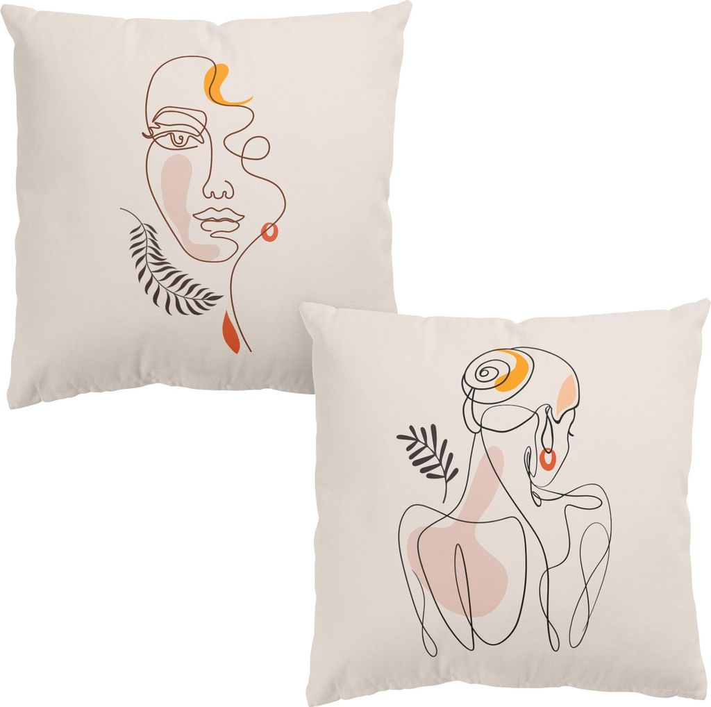 Dekokissen 2-teilig originell draußen / Outdoor Zierkissen waschbar Design beige Line Art Sofakissen ohne Füllung