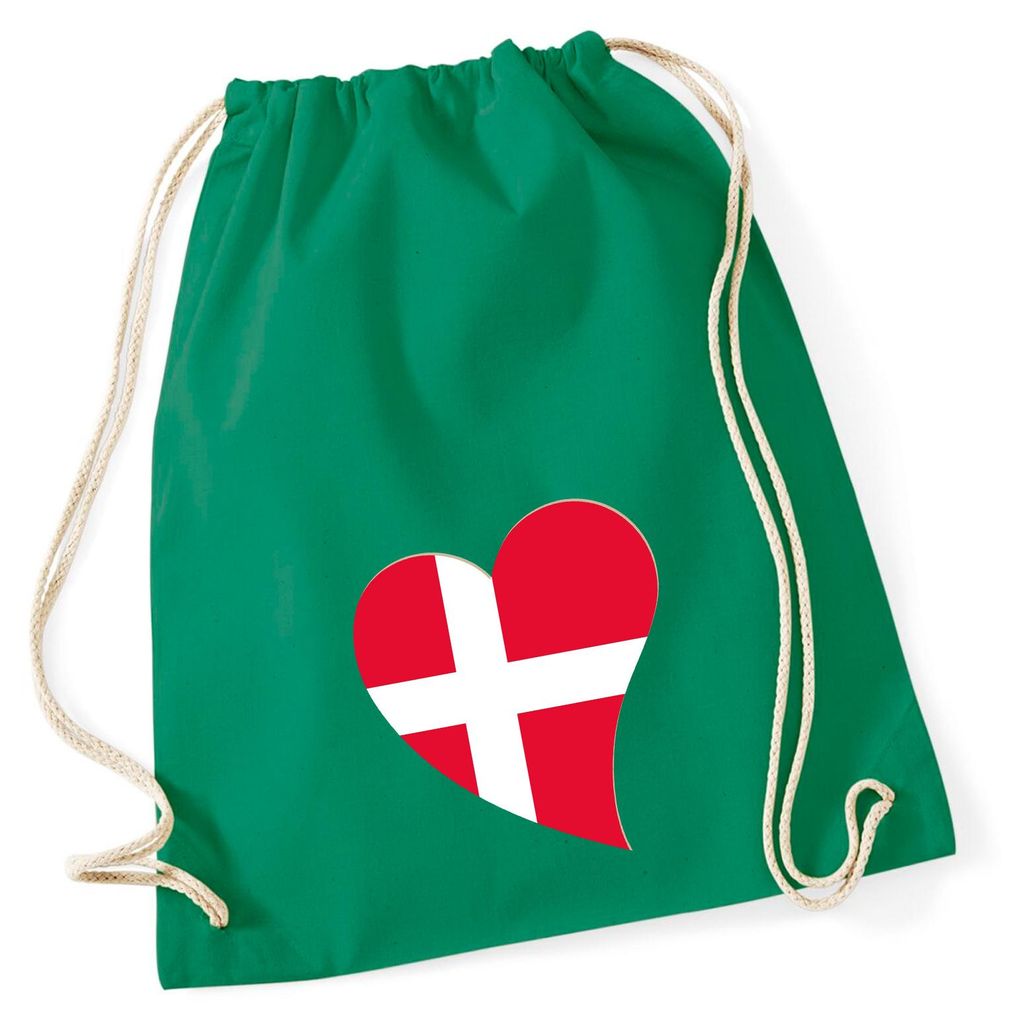 Huuraa Turnbeutel Dänemark Flagge Herz 12 Liter Kelly Green Baumwolle Rucksack Geschenkidee