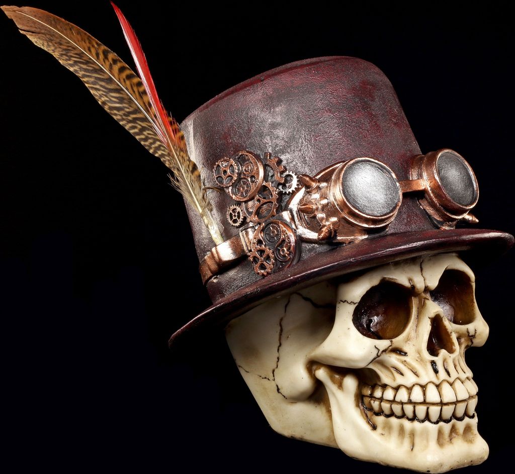 A steampunk-themed skull wearing a hat, decorated with gears and feathers, against a black background.